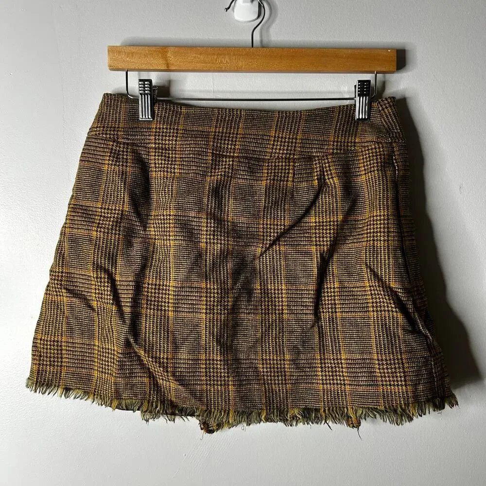 Vintage‎ J. Crew Y2k Houndstooth Schoolgirl Wool Mini Skirt Fringe Womens 4 90s